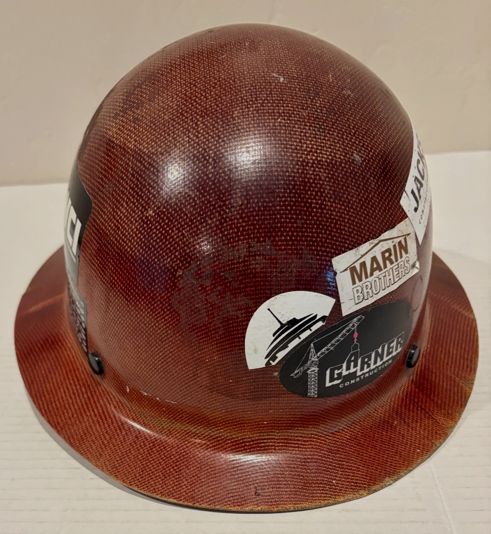 MSA Skull Gard Full Brim Brown Hard Hat w/Union Construction Decals Used w/Wear