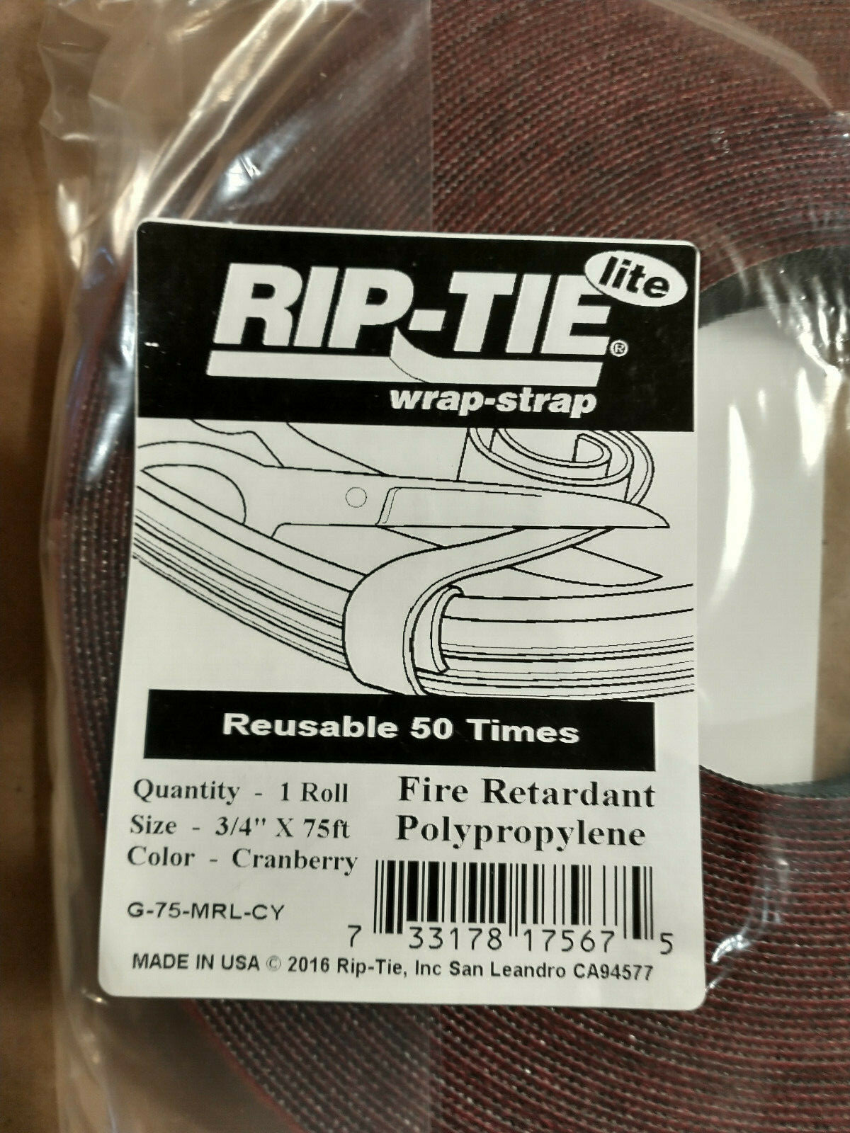Rip-Tie Lite Wrap Strap Hook and Loop, 3/4″ x 75′ Long Cranberry Cable Organizer