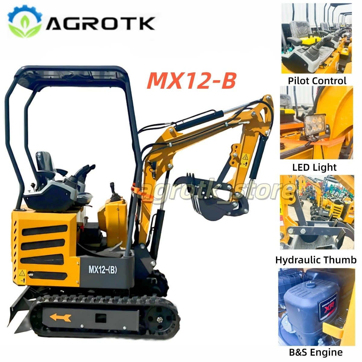 Agrotk Mini Excavator 1 Ton Digger 13.5HP Gas Rubber Tracked Crawler B&S Engine