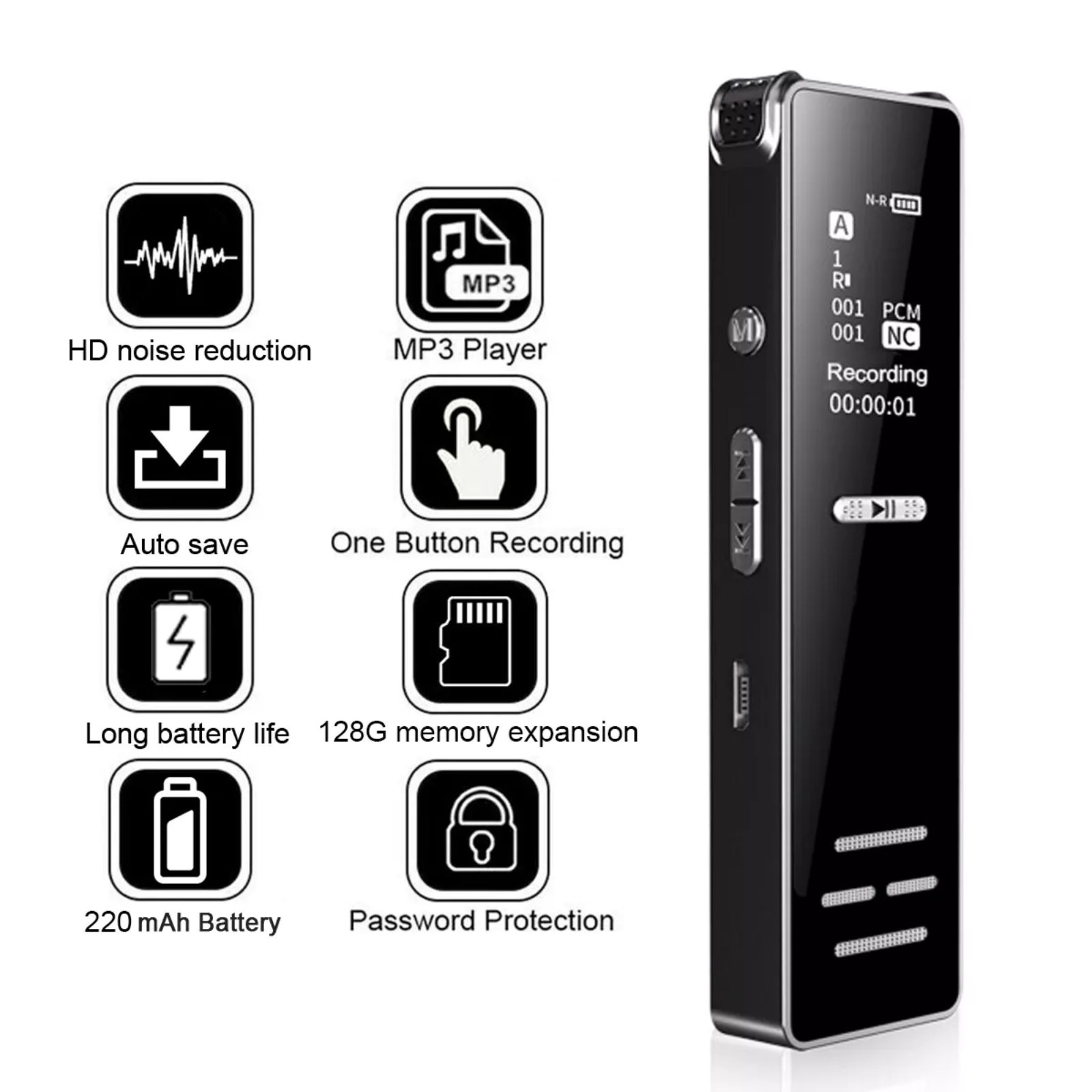 128GB Voice Recorder with OLED Screen – HD Voice Activated Recorder & MP3 Player