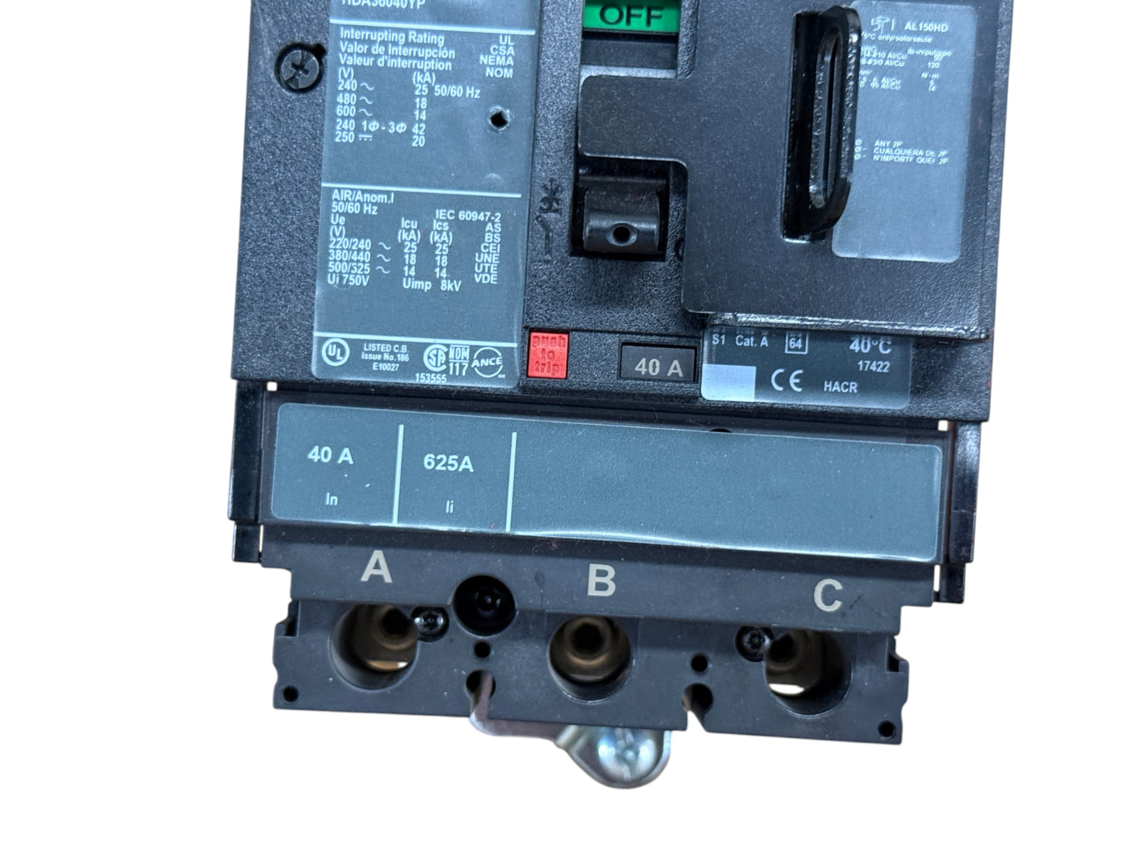 SQUARE D HDA36040YP 40A 3-POLE 600V I-LINE POWERPACT HD 42KA CIRCUIT BREAKER