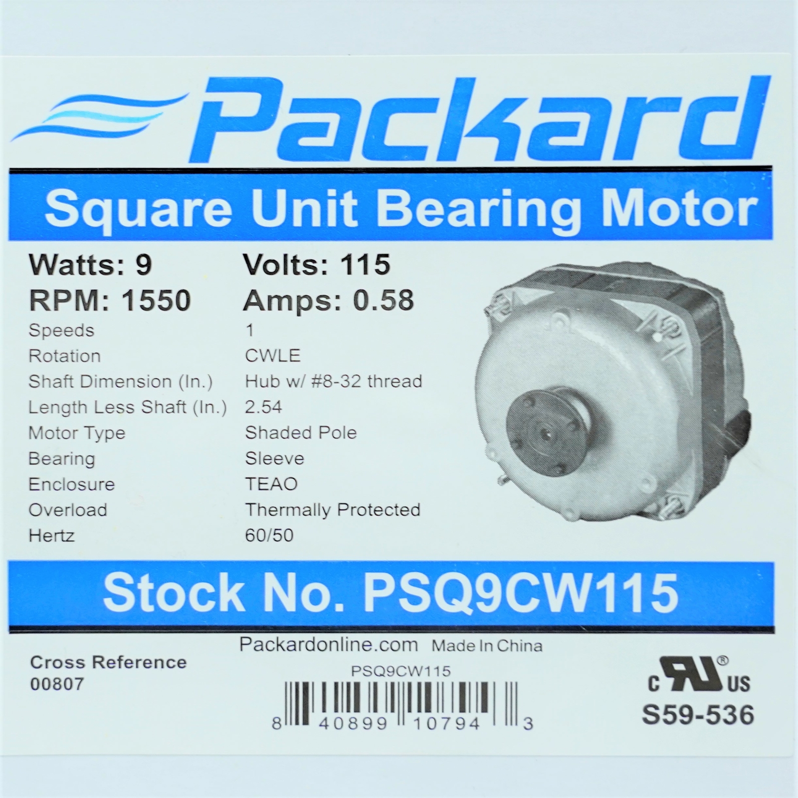Square Shaded Pole Unit Bearing Motor 9 Watts, 115 Volts, 1550 RPM PSQ9CW115