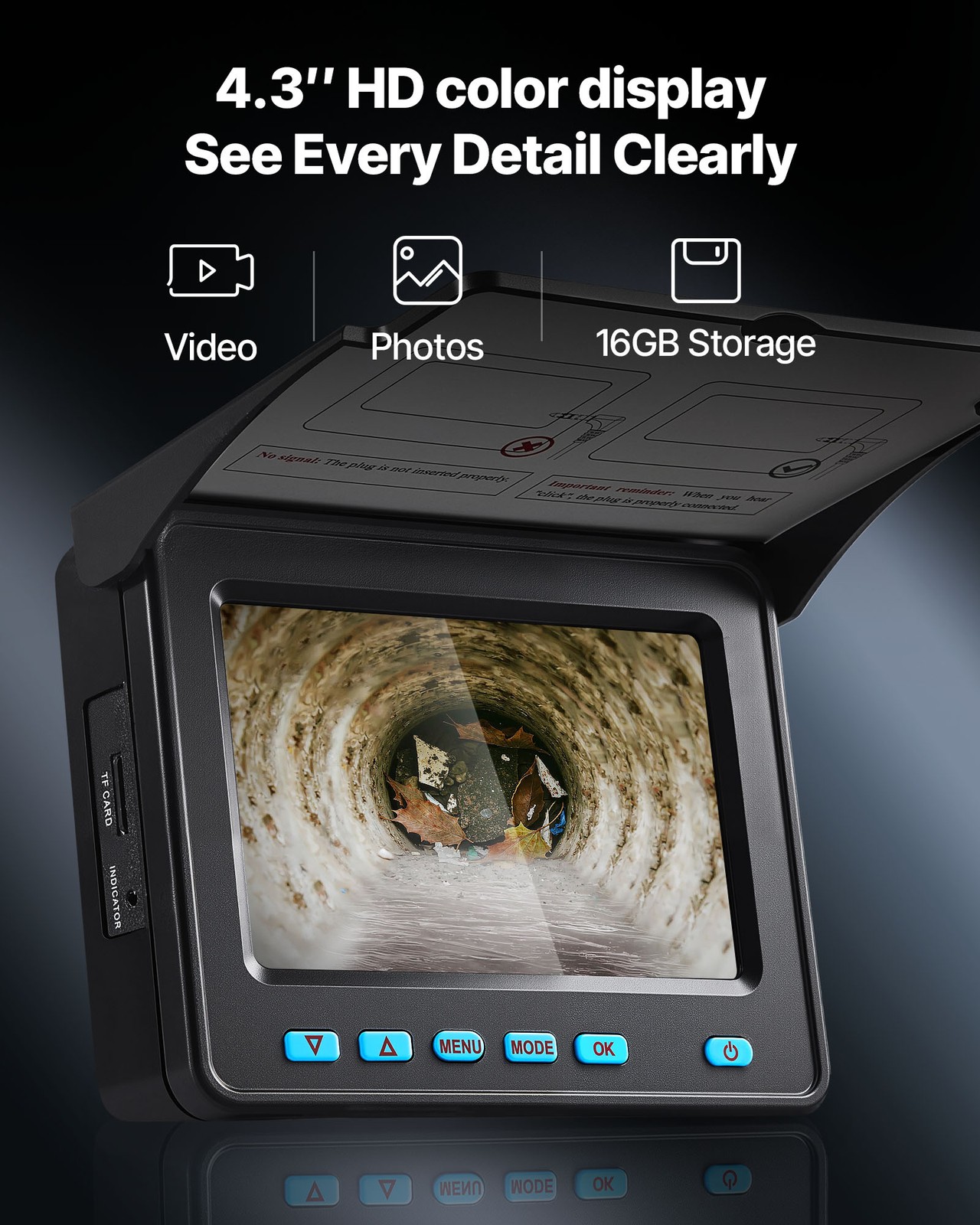 VEVOR Sewer Camera 98 ft Self-Leveling Drain Inspection Camera 4.3″ HD Screen
