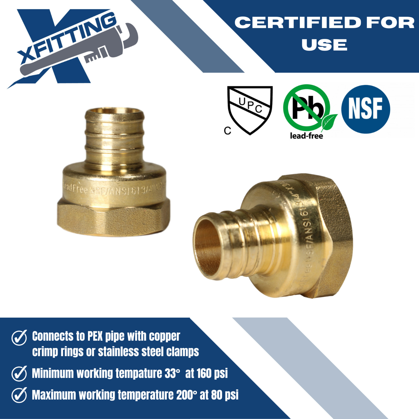 10 PCS 3/4″ PEX X 3/4″ FEMALE THREADED ADAPTER BRASS CRIMP FITTING (LEAD FREE )