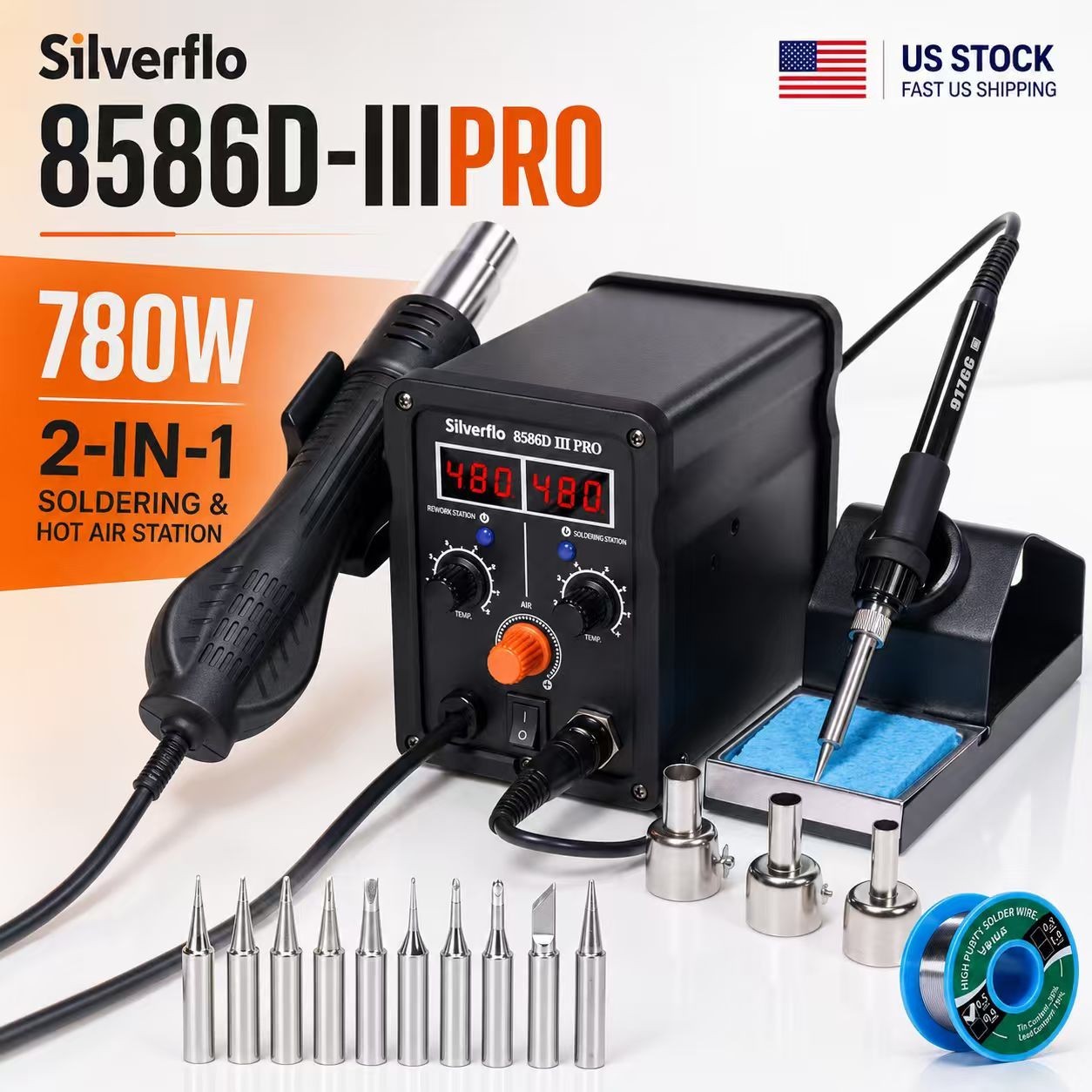 780W Silverflo 8586D-III Soldering Station Kit Hot Air Rework station Tool Set