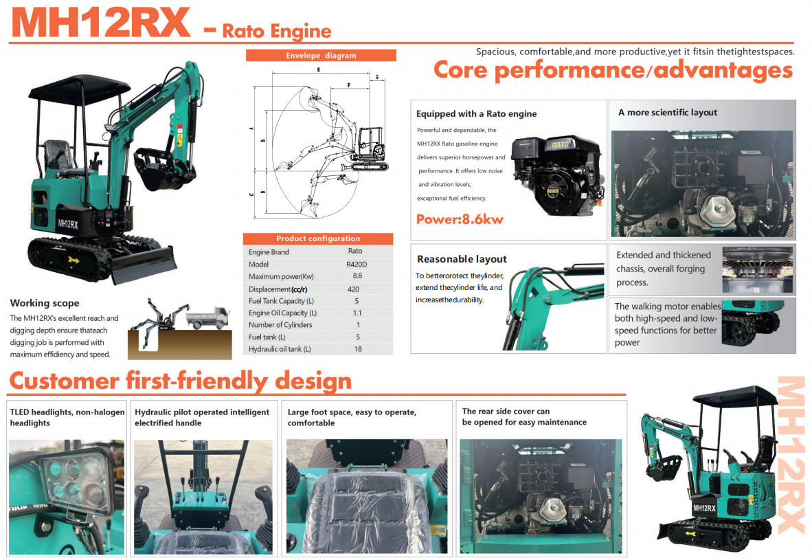 Agrotk Mini Excavator 13.5hp Gas Engine 860KG Digger Track Crawler Pilot Control