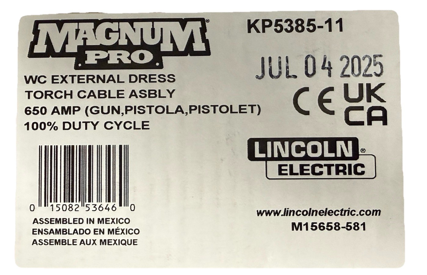 Lincoln KP5385-11 WC EXTERNAL DRESS TORCH CABLE ASBLY 650 AMP 100% Duty Cycle.