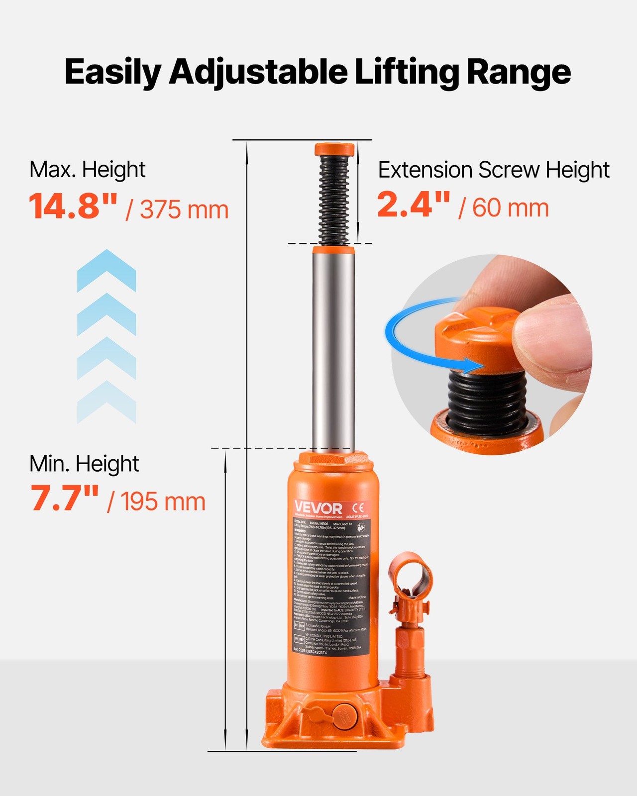 Hydraulic Bottle Jack, 6 Ton (13227.6 lbs) Capacity, 7.7-14.8 Inch Lifting Range