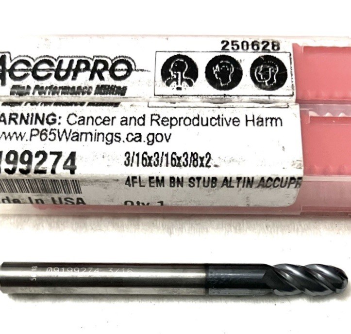 Accupro 09199274 3/16″ 4FL Ball Nose End Mill Solid Carbide AlTiN NEW CNC