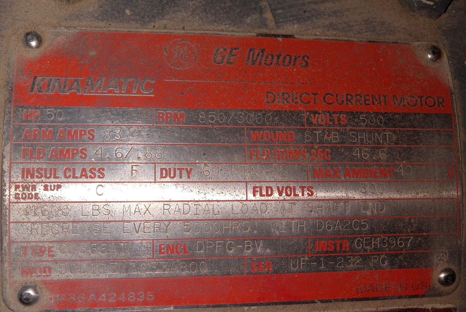 1 USED GE KINAMATIC 50HP 850/3000RPM 500V DIRECT CURRENT MOTOR ***MAKE OFFER***