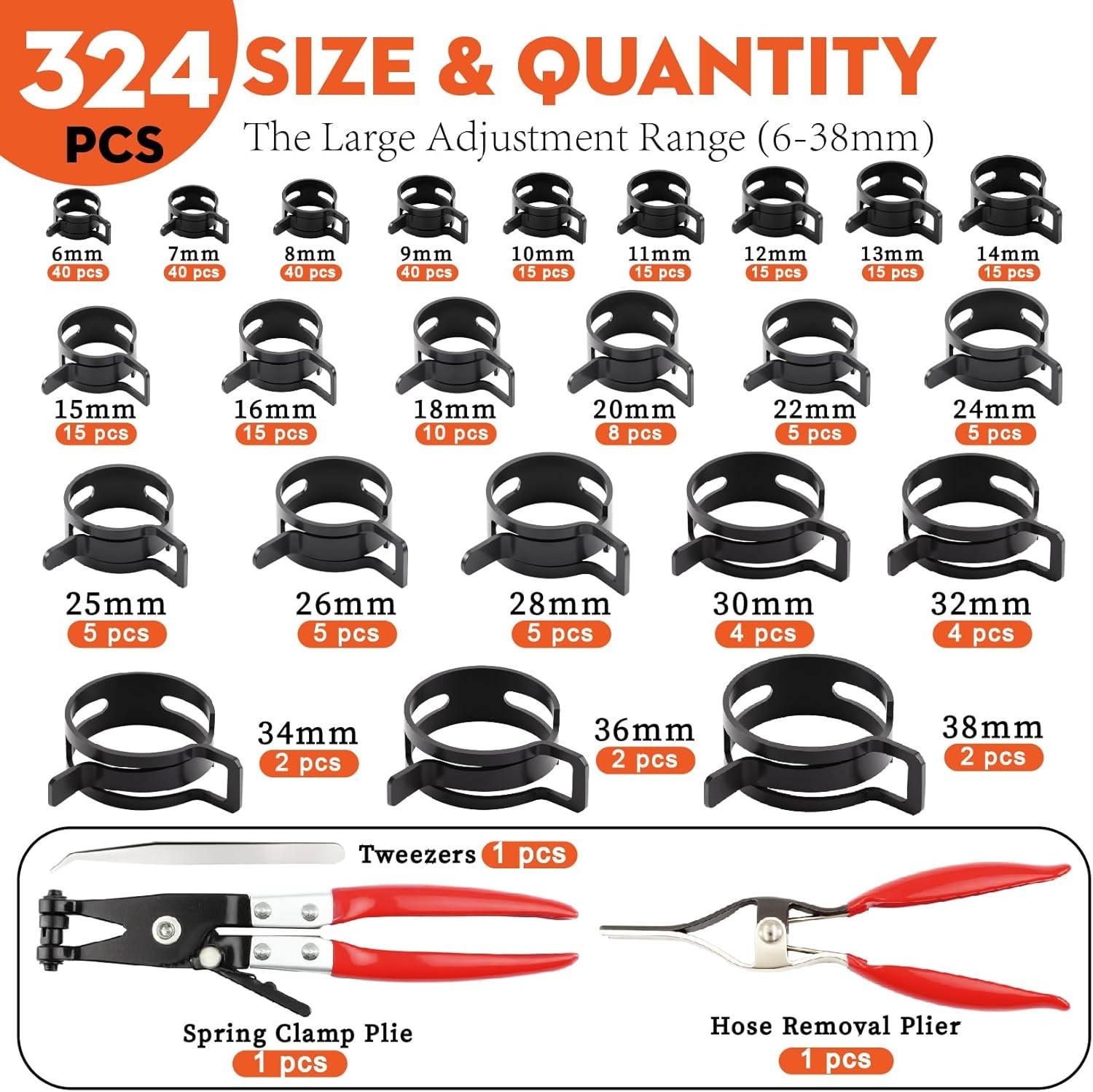 327Pcs 23 Sizes 6-38mm Spring Band Hose Clamps Assortment,Professional Hose Clam