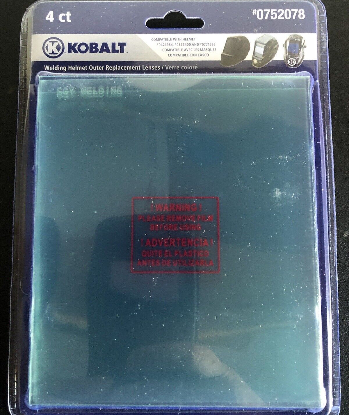 Kobalt Welding Helmet Outer Replacement Lens 0752078 5-1/4” X 4-1/2” 4-Pack New