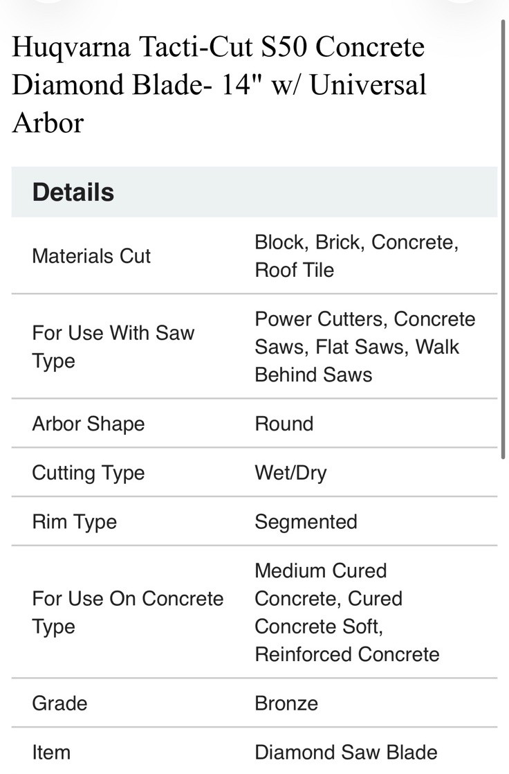 Husqvarna Tacti-Cut S50 Concrete Diamond Blade- 14″ w/ Universal Arbor