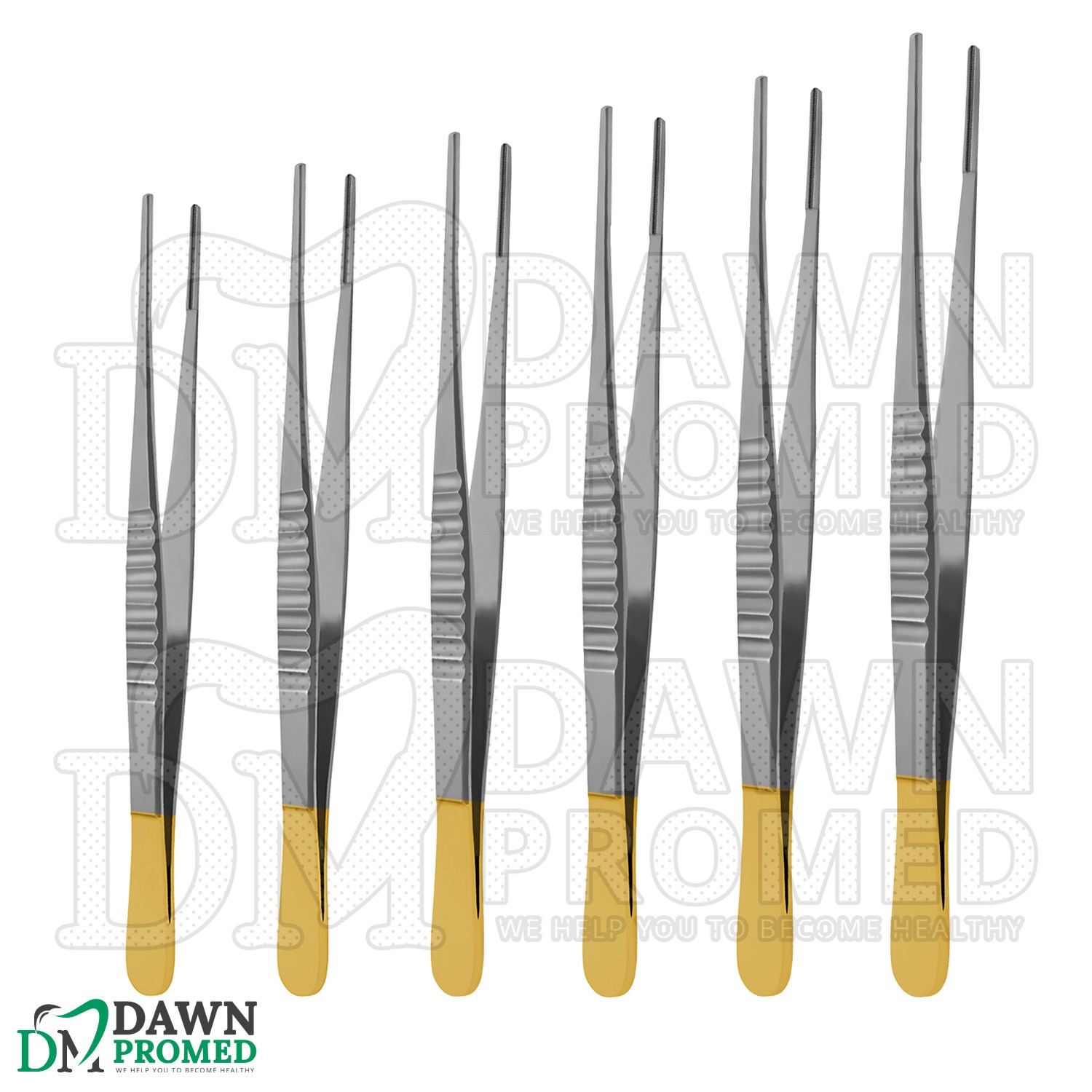 6 Pcs Debakey Artery Tissue Forceps 1×2 Teeth 6,7,8,9,10,12″ Gold Handle Set