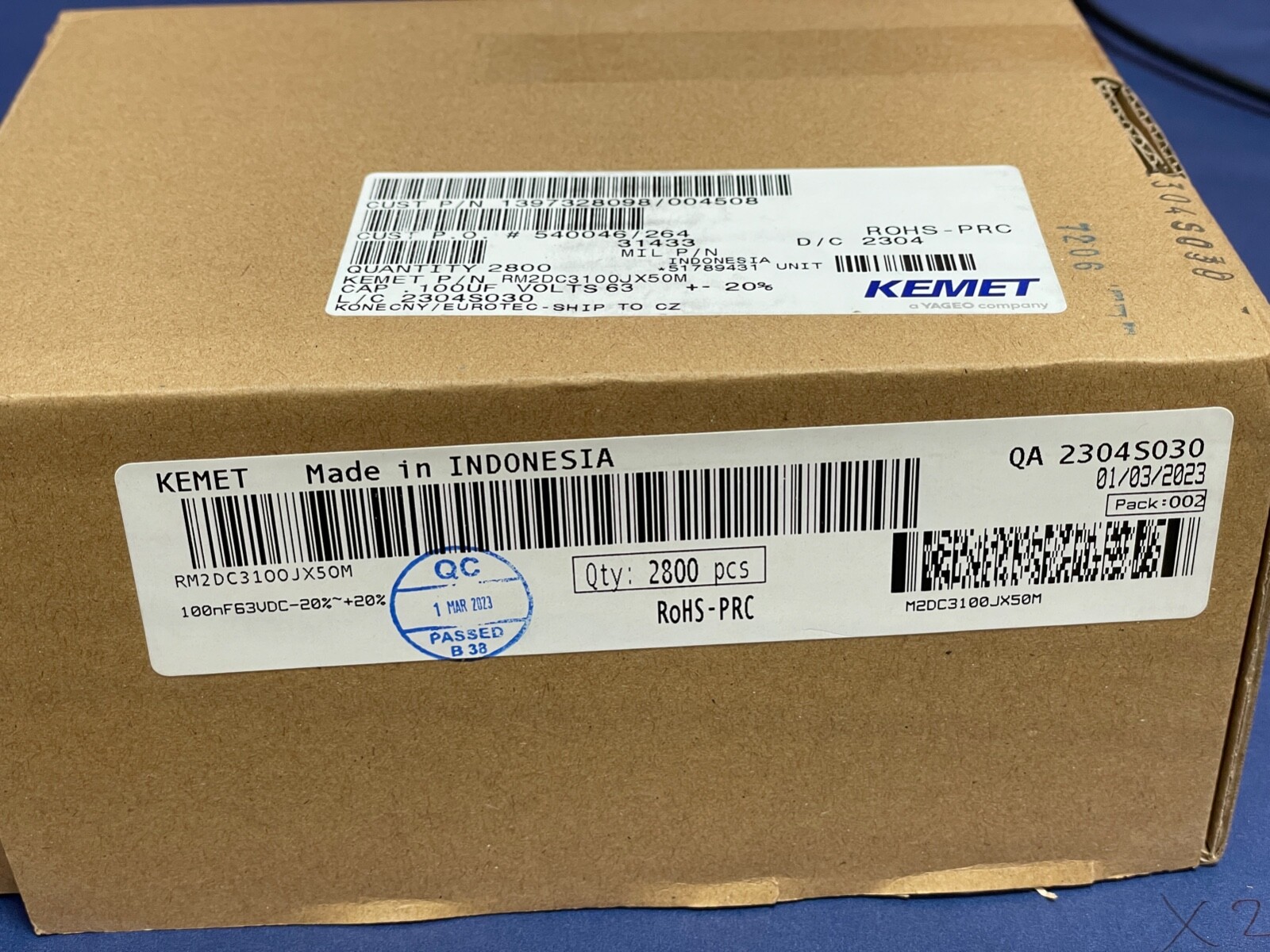 QTY 2800 Kemet Capacitor 63V – .100 uF / 20% tolerance / RM2DC3100JX50M
