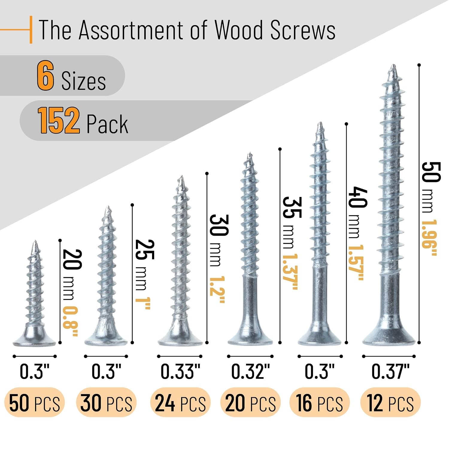 Wood Screws Assortment Kit, 152 pcs, Silver, Phillips Tips, 6 Assorted Sizes