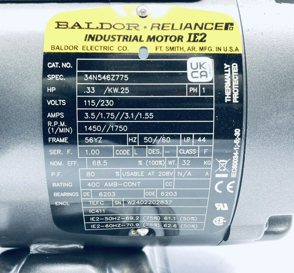 BALDOR 34N546Z775 VIKING PUMP MOTOR .33HP 1/3HP 115/230V 1450/1750RPM 56YZ IE2
