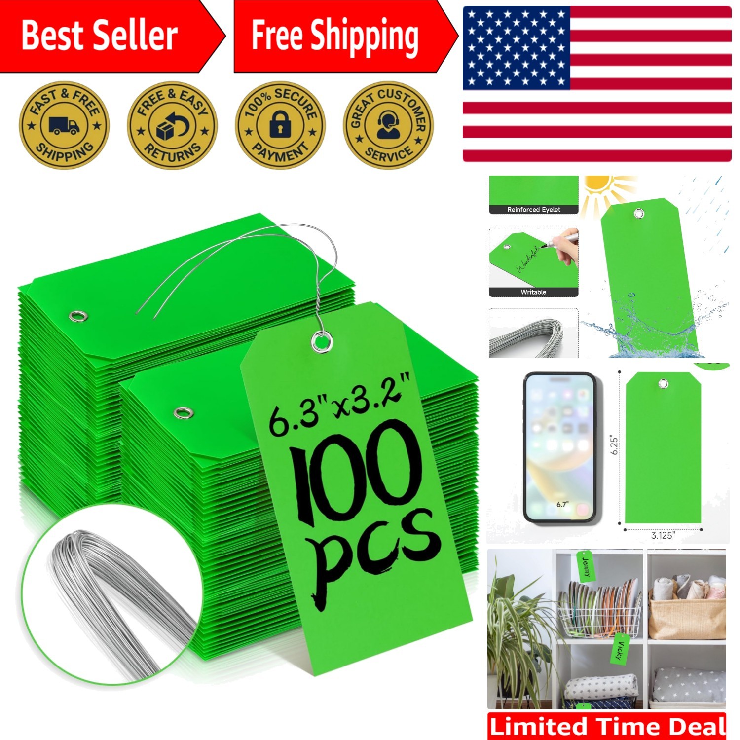 High-Quality 100 Pcs Tear-Resistant Green Tags with Wire – Multi-Purpose Use