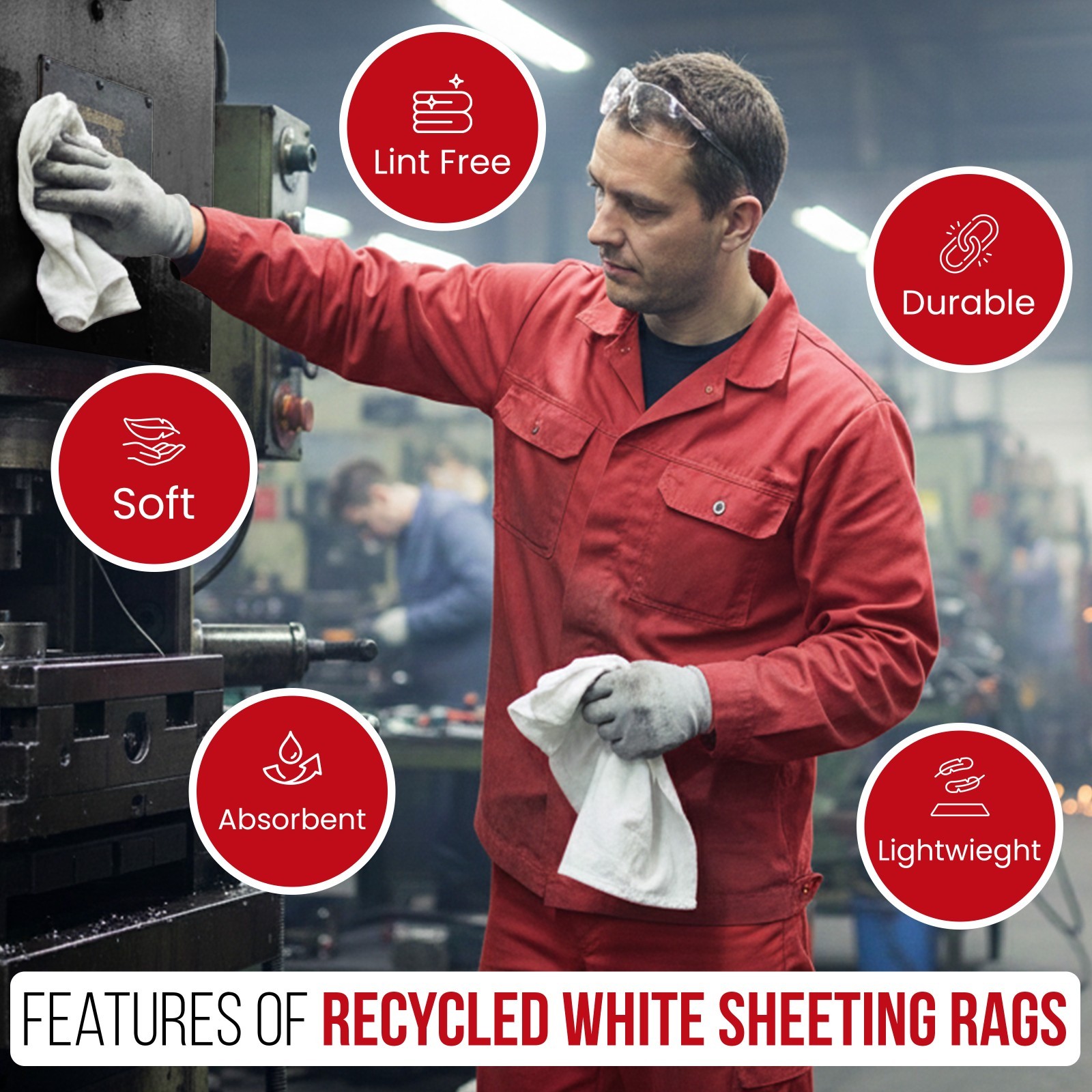 Recycled White Sheeting Cleaning Rags – 50 lbs. Case 2×25 lbs. Compressed Boxes