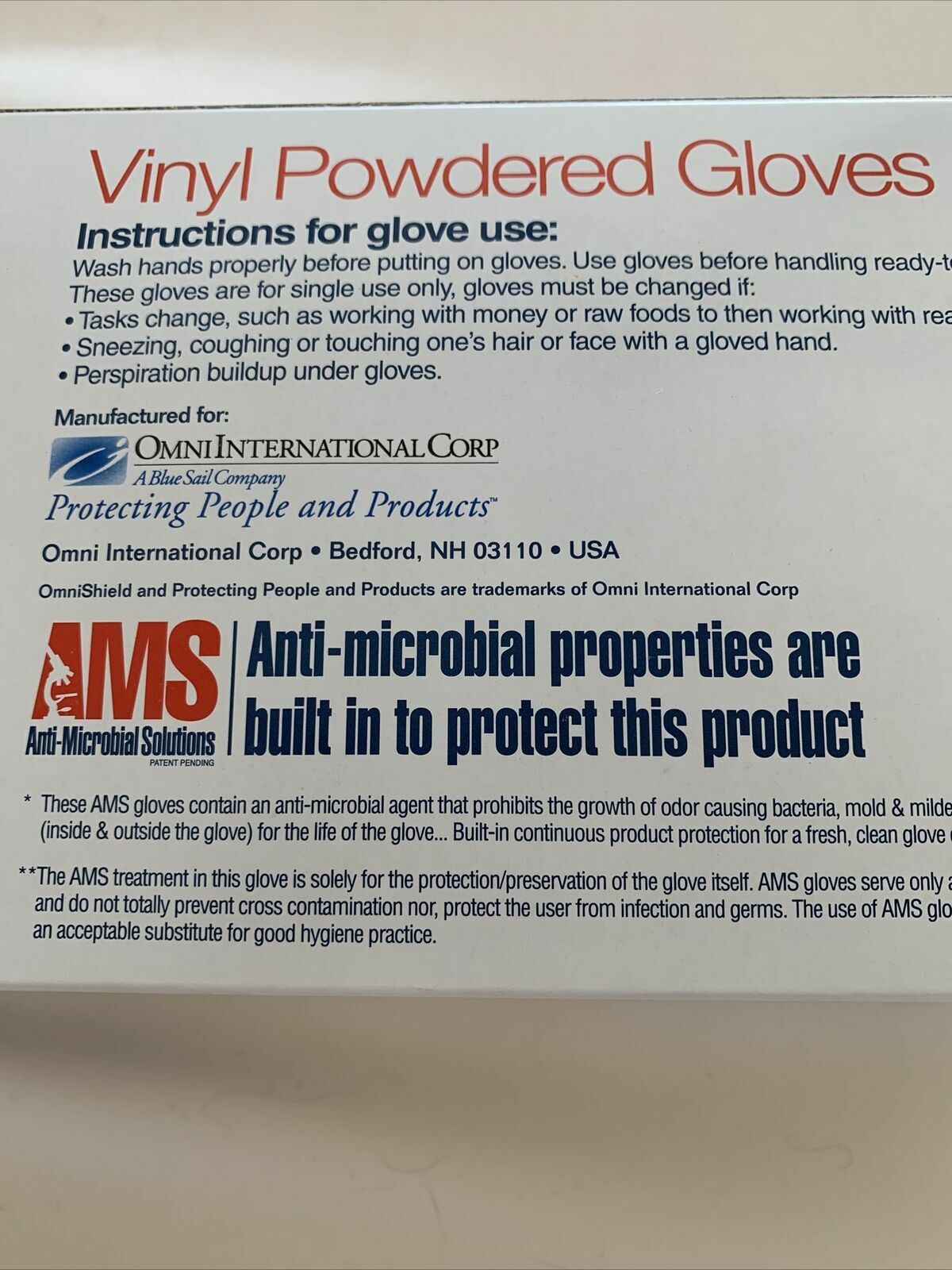 Omni Shield AMS Vinyl Powdered 1 box of 100 gloves Anti Microbial Large 341-13