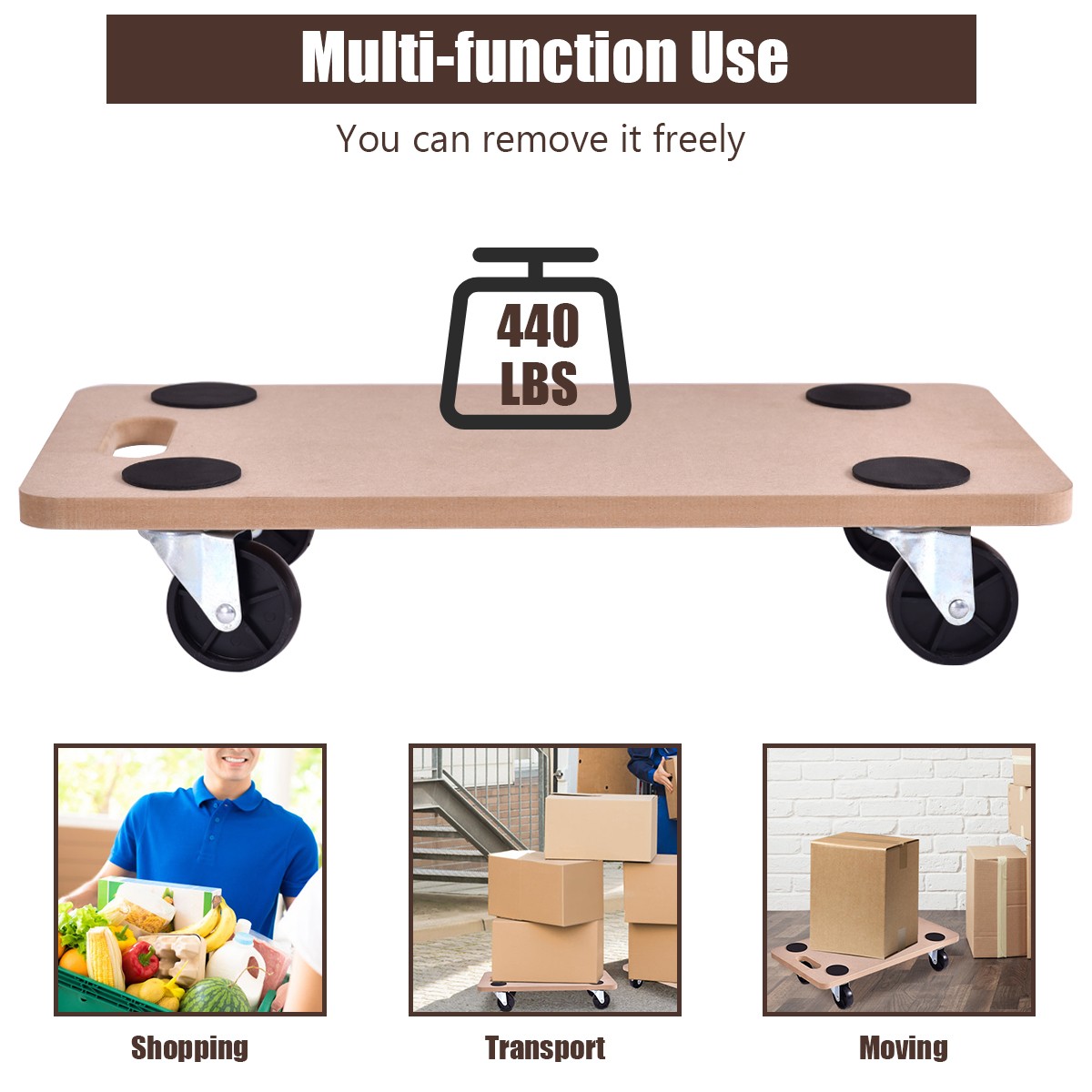 2 Pieces 440lbs Platform Dolly Rectangle Wood Utility Cart Moving Transporter