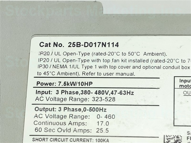 Allen-Bradley 25B-D017N114 Power Flex 525 Ser. A 7.5kW/10HP 3PH 380-480V 47-63Hz