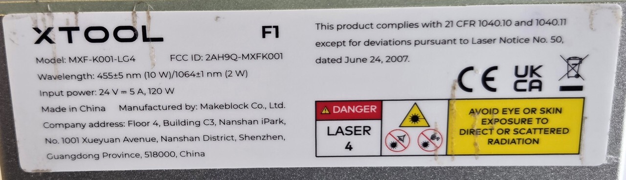 XTOOL MXF-K001-LG4 F1 LITE 2 IN 1 IR AND BLUE LIGHT DUAL LASER ENGRAVER AS-IS
