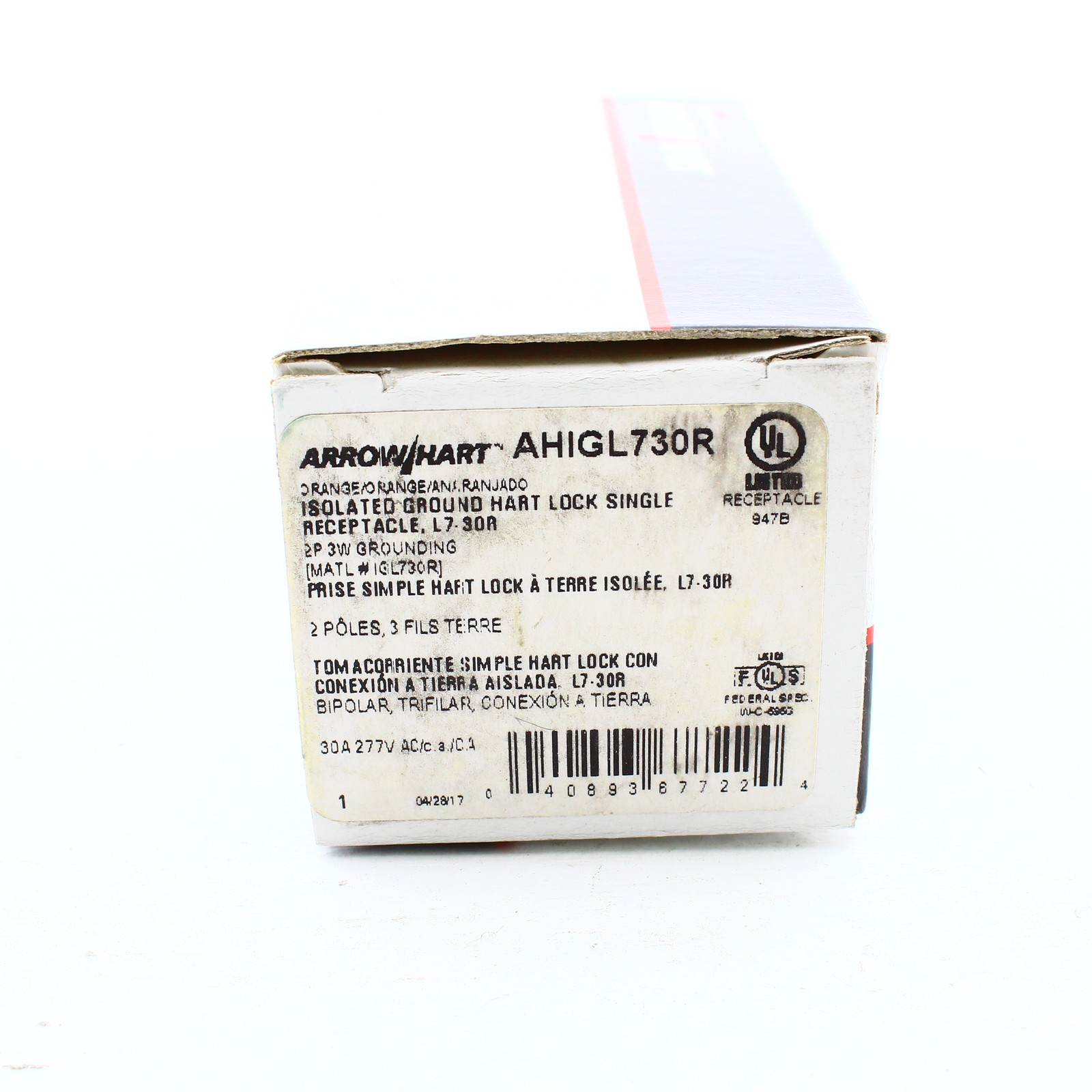 Eaton Orange Isolated Ground Turn Twist Locking Outlet L7-30R 30A 277V IGL730R