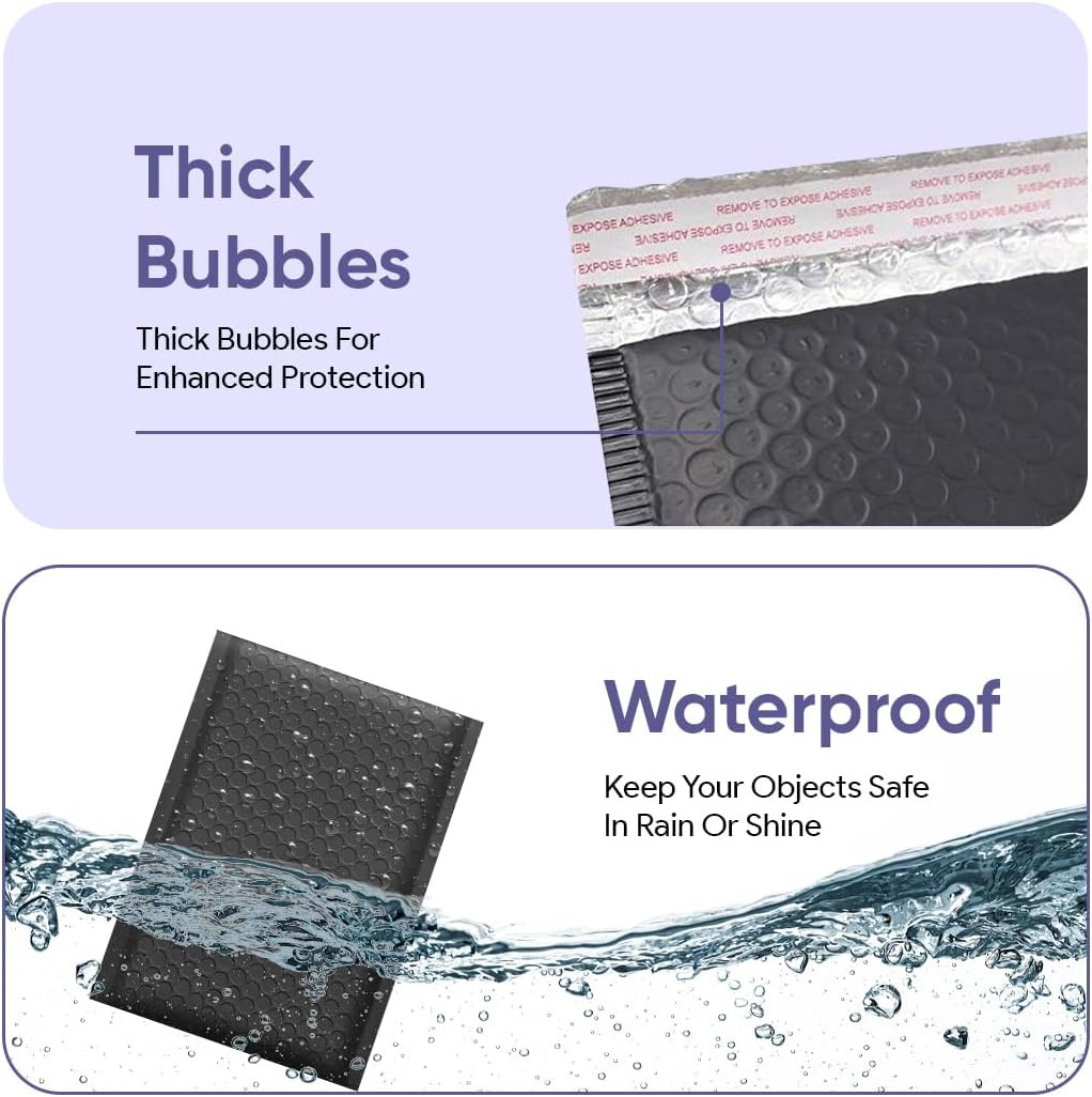 Black Bubble Mailers 9.5×14.5, Self Seal Poly Padded Envelopes #4, 100 Pack | Fi