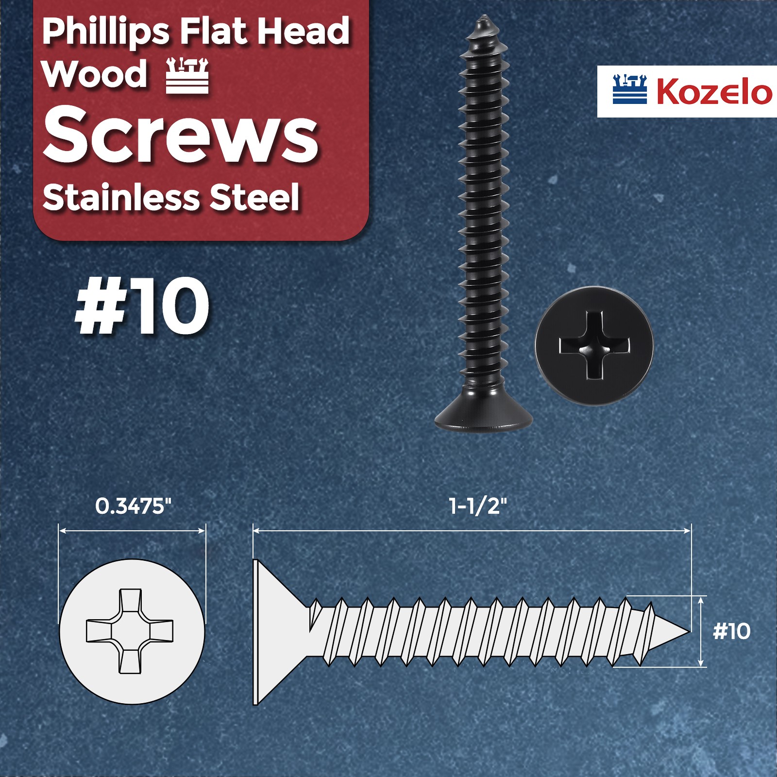 100pcs Phillips Flat Head Wood Screws – [#10×1-1/2″] 304 Stainless Steel, Black