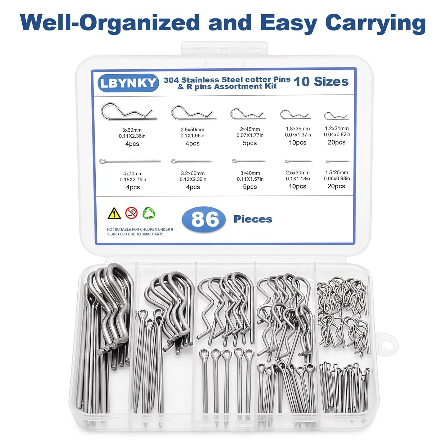 86 PCS Cotter Pin Assortment Kit, 10 Sizes Stainless Steel Cotter Pins & R Clips
