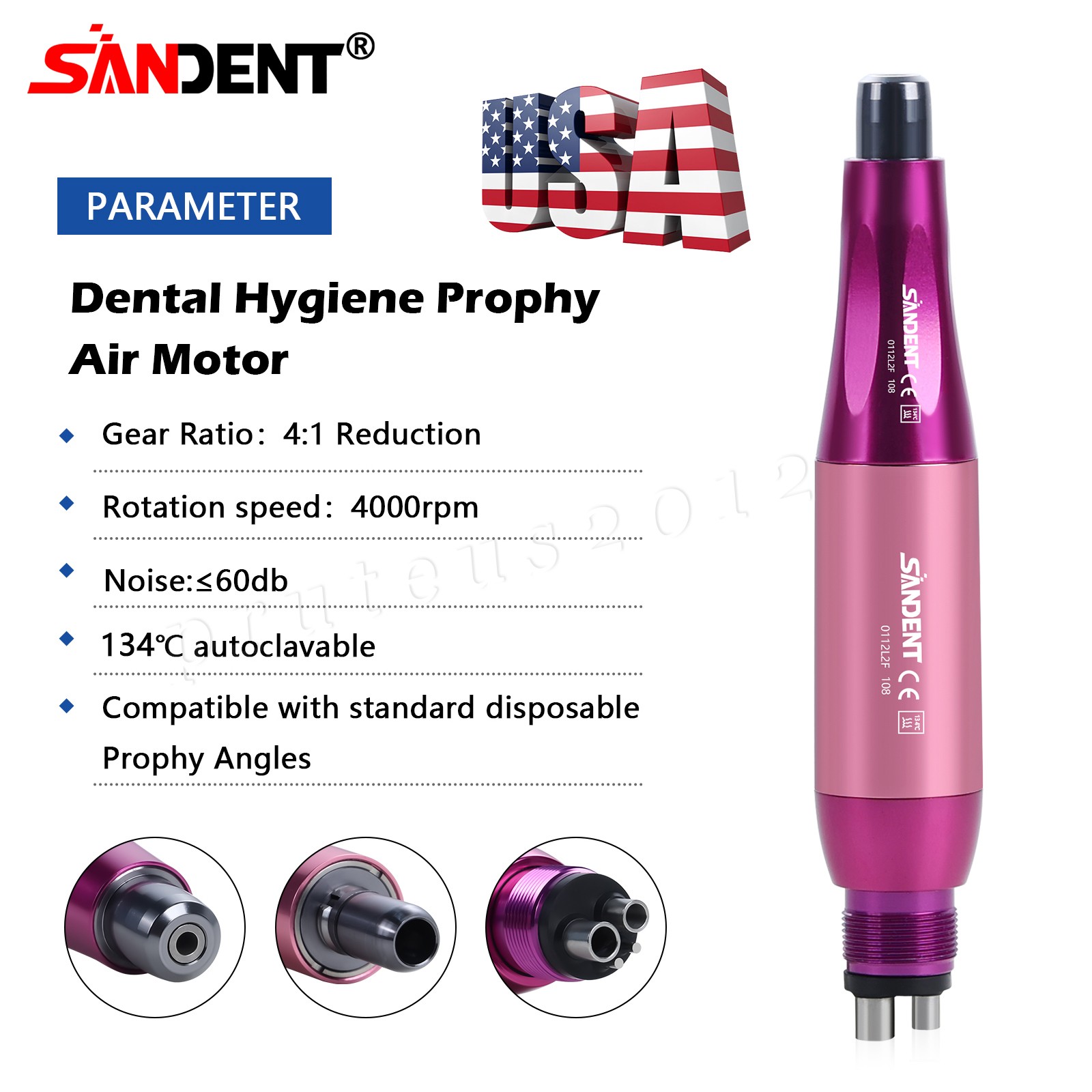 1-5* Dental Hygiene Prophy Handpiece Air Motor 4Holes 4:1 Nose Cone 360°Swivel