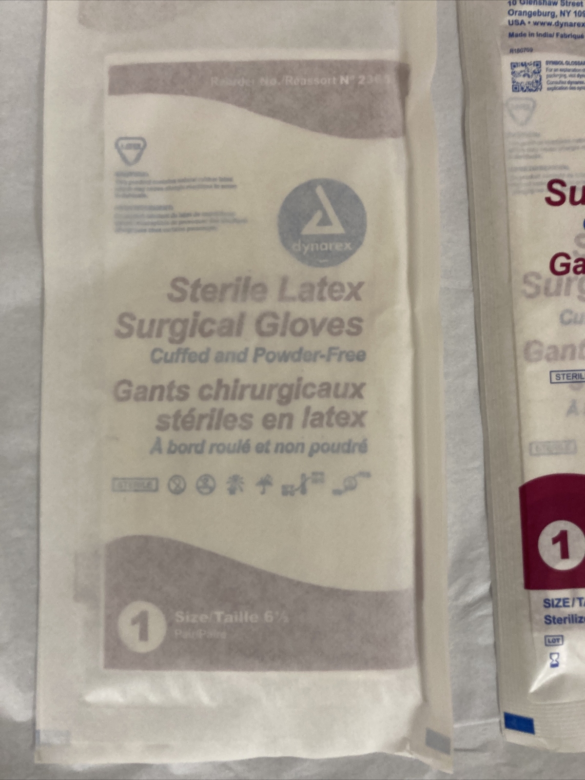 Dynarex #2365 Sterile Latex Surgical Gloves, Size 6.5 – lot of 2 pairs