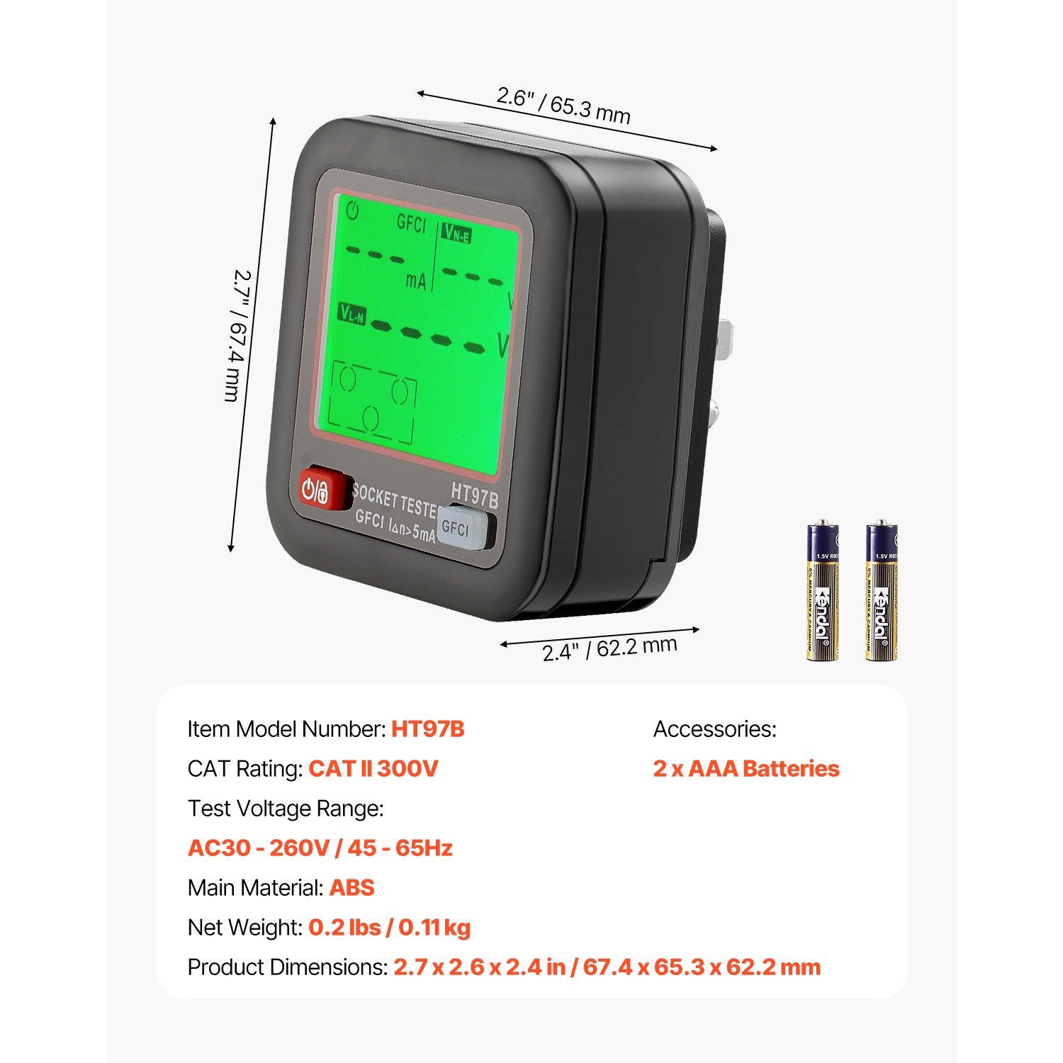 Outlet Tester Electrical GFCI Trip Tester LCD Display Receptacle Detector