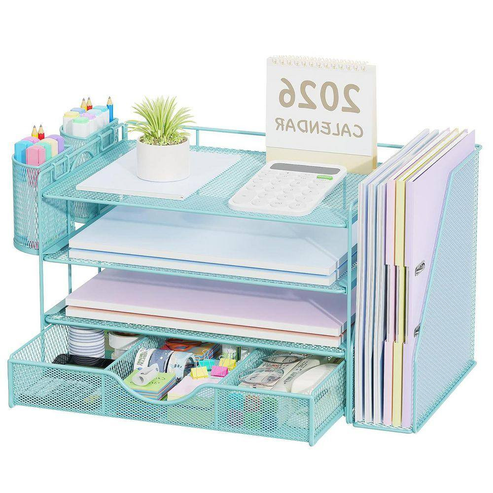 Blue 15.5 In. X 9.2 In. Metal Modern Desk File Holder with Drawer and 2 Pen Hold
