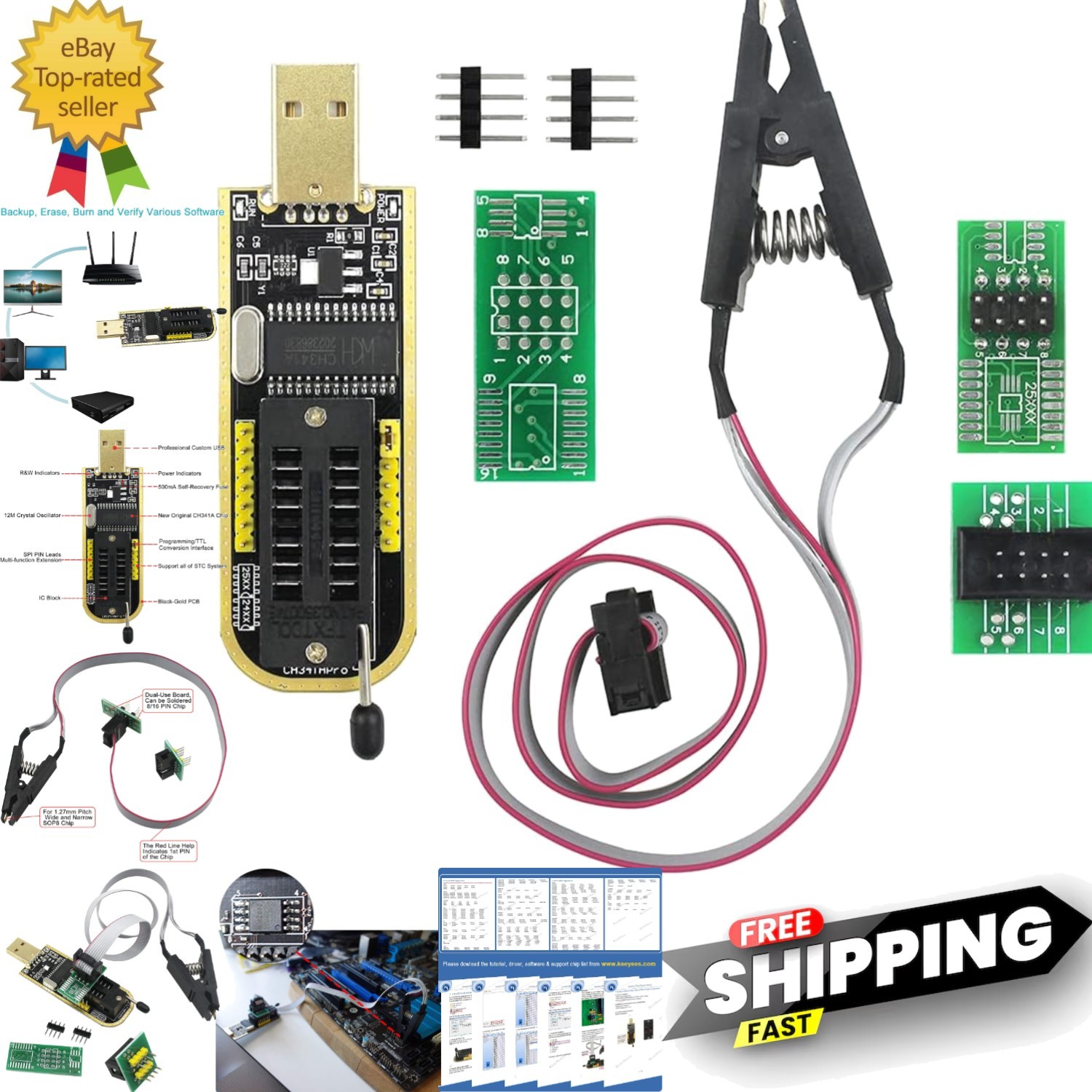 SOIC8 Clip and CH341A USB Programmer Flash for Most of 24 25 Series BIOS Chi…