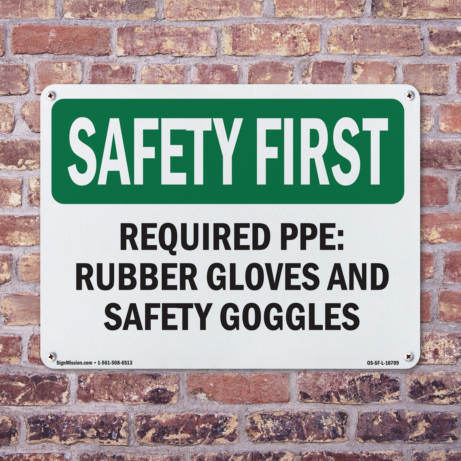 Required PPE Rubber Gloves And Safety Goggles OSHA SAFETY FIRST Sign 5/10 Pack