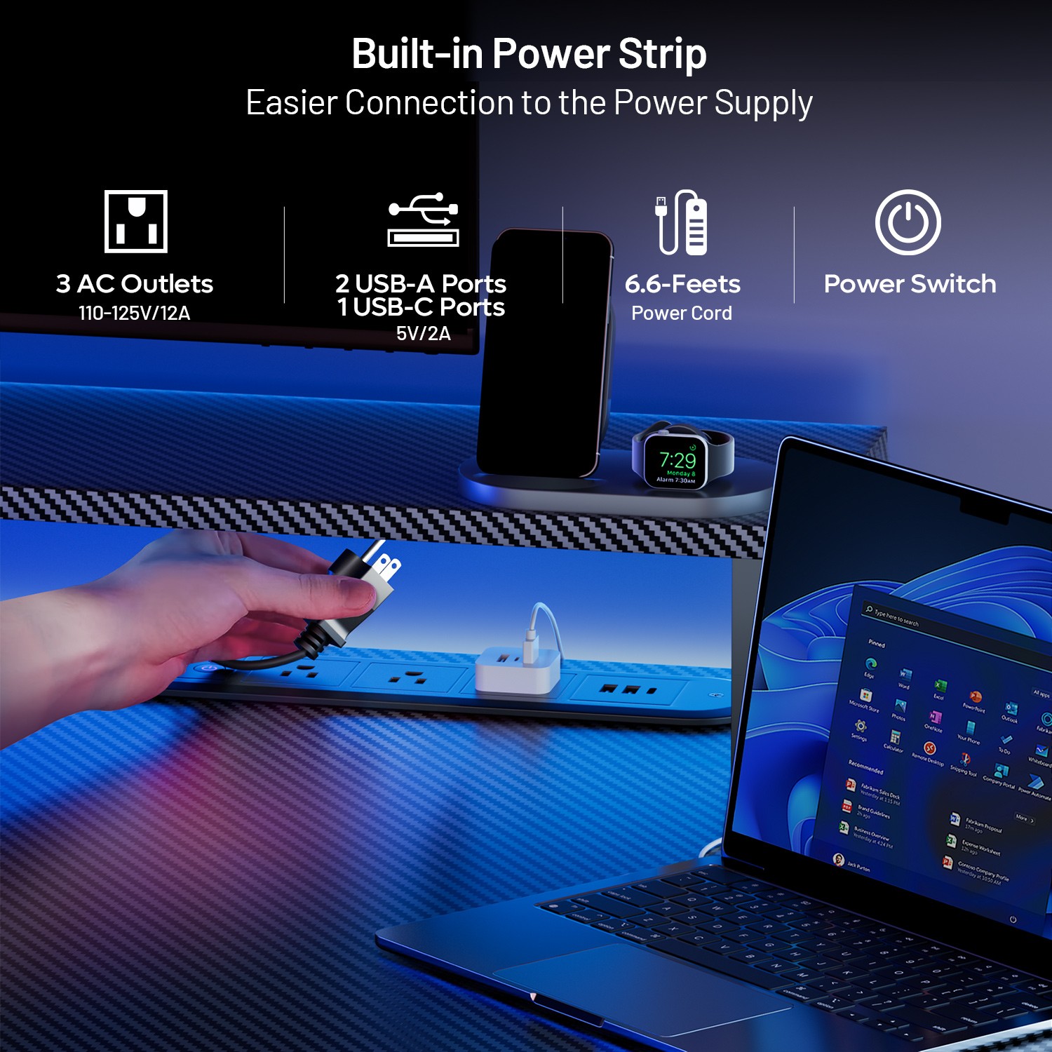47» Gaming Desk with LED Light & Power Outlets, Gamer Table with Monitor Stand