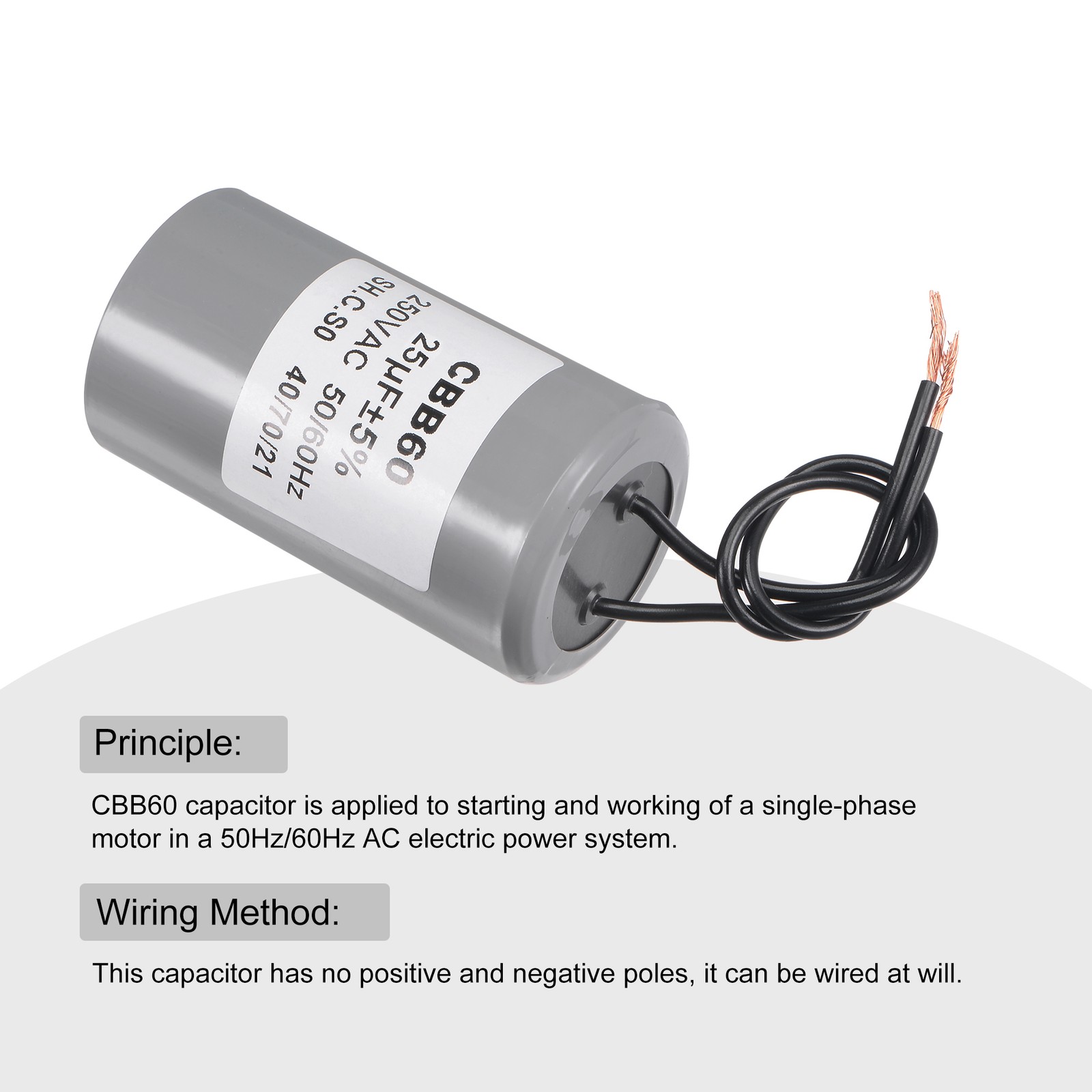 CBB60 Run Capacitor for Pump Motor Capacitor 25uF 250V AC 2 Wires 50/60Hz
