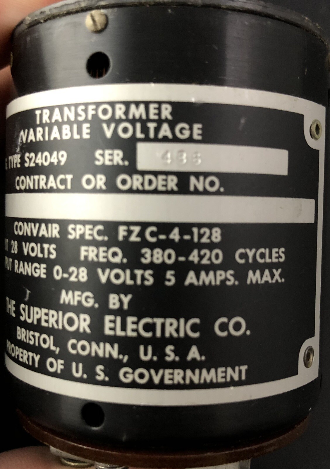 SUPERIOR ELECTRIC TRANSFORMER FZC-4-128 VARIABLE VOLTAGE NFG. TYPE S24049 X1.4