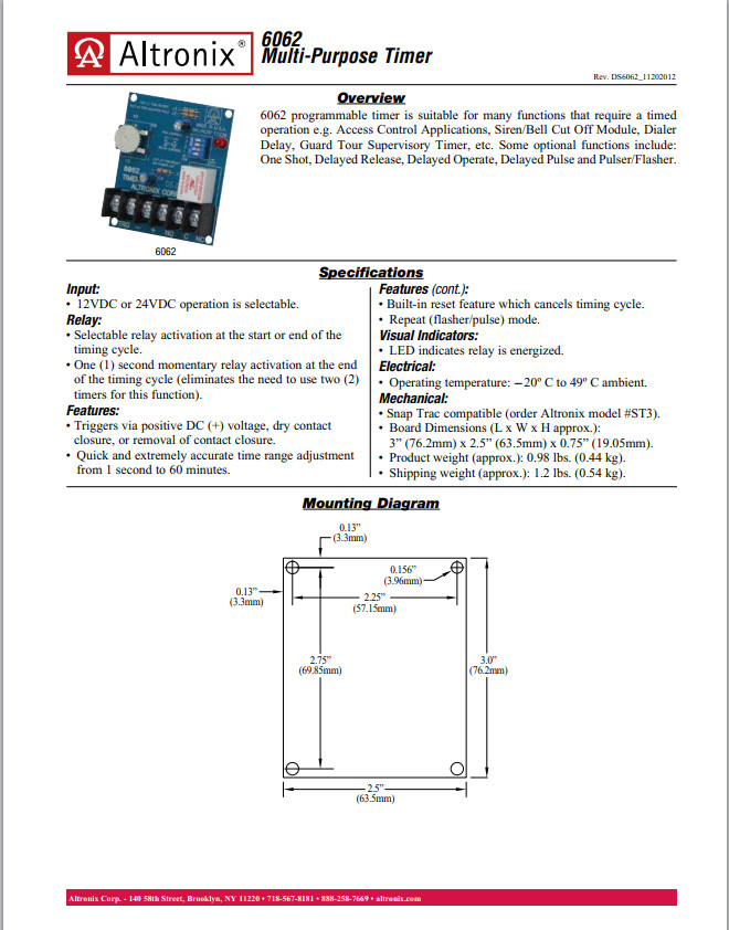 Altronix 6062 Timer, Multi-Purpose, 12/24VDC 1 Second to 60 Minutes, Board
