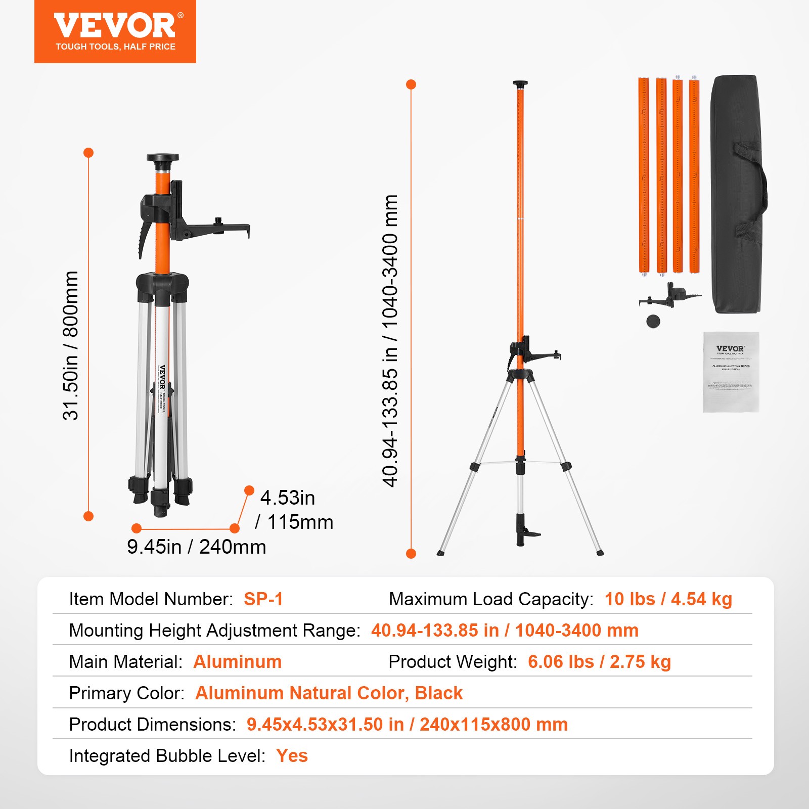 VEVOR Laser Level Tripod 1/4″-20 & 5/8″-11 Thread 40.94-133.85 in Height Adjust