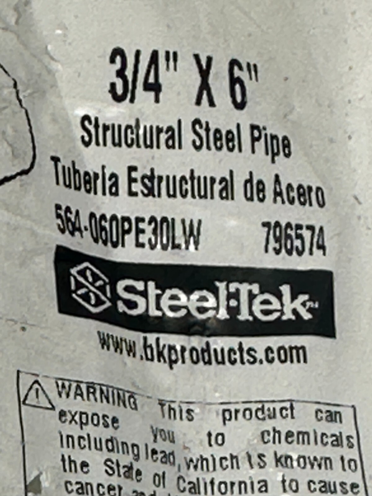 Steel-Tek 3/4″ x 6″ Structural Steel Pipe 564-060PE30LW 796574 NEW In Bag