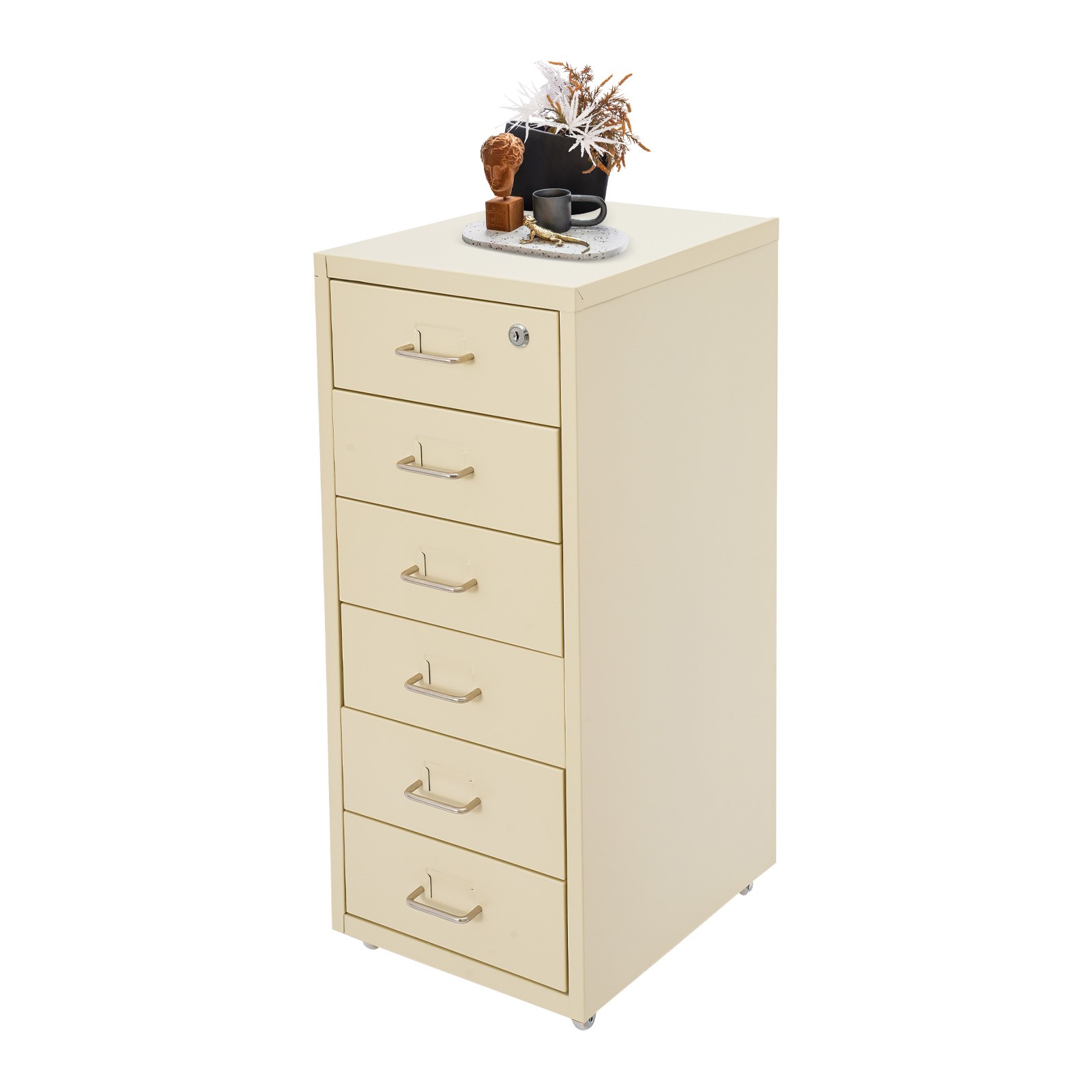 6 Drawer Beige Vertical Metal File Cabinet with Lock and Rolling Wheels for Home