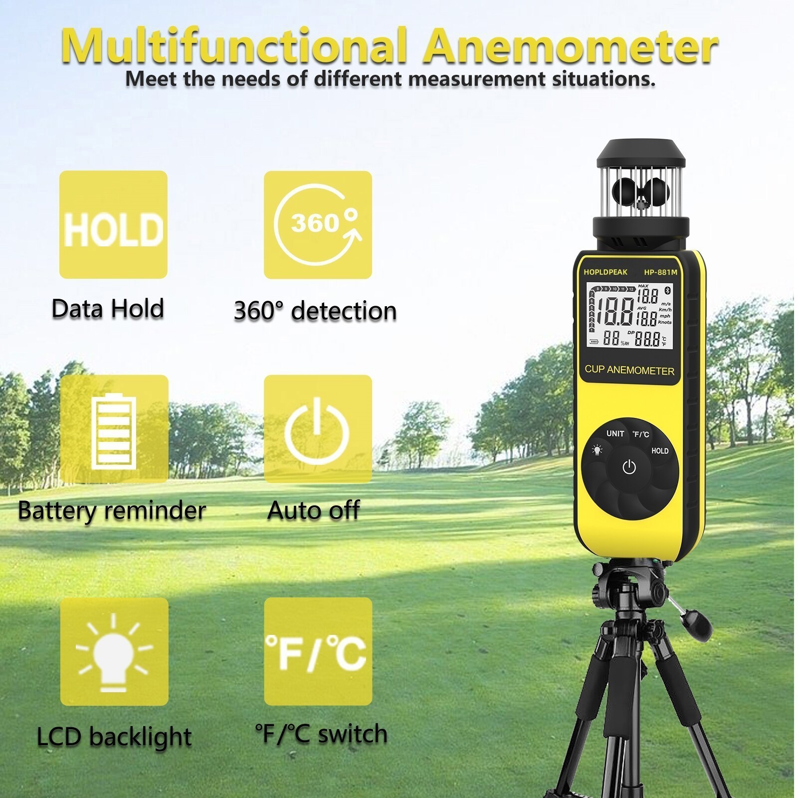 Cup Anemometer, Wind Speed/Temp, 5 Units Backlight Data Hold Max/Avg, Air Flow