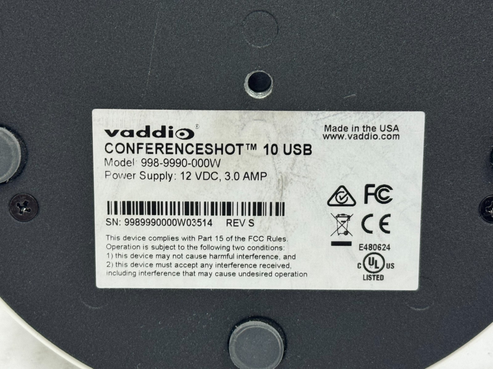 Vaddio ConferenceShot 10 USB 998-9990-000W Video Camera – No Power Supply