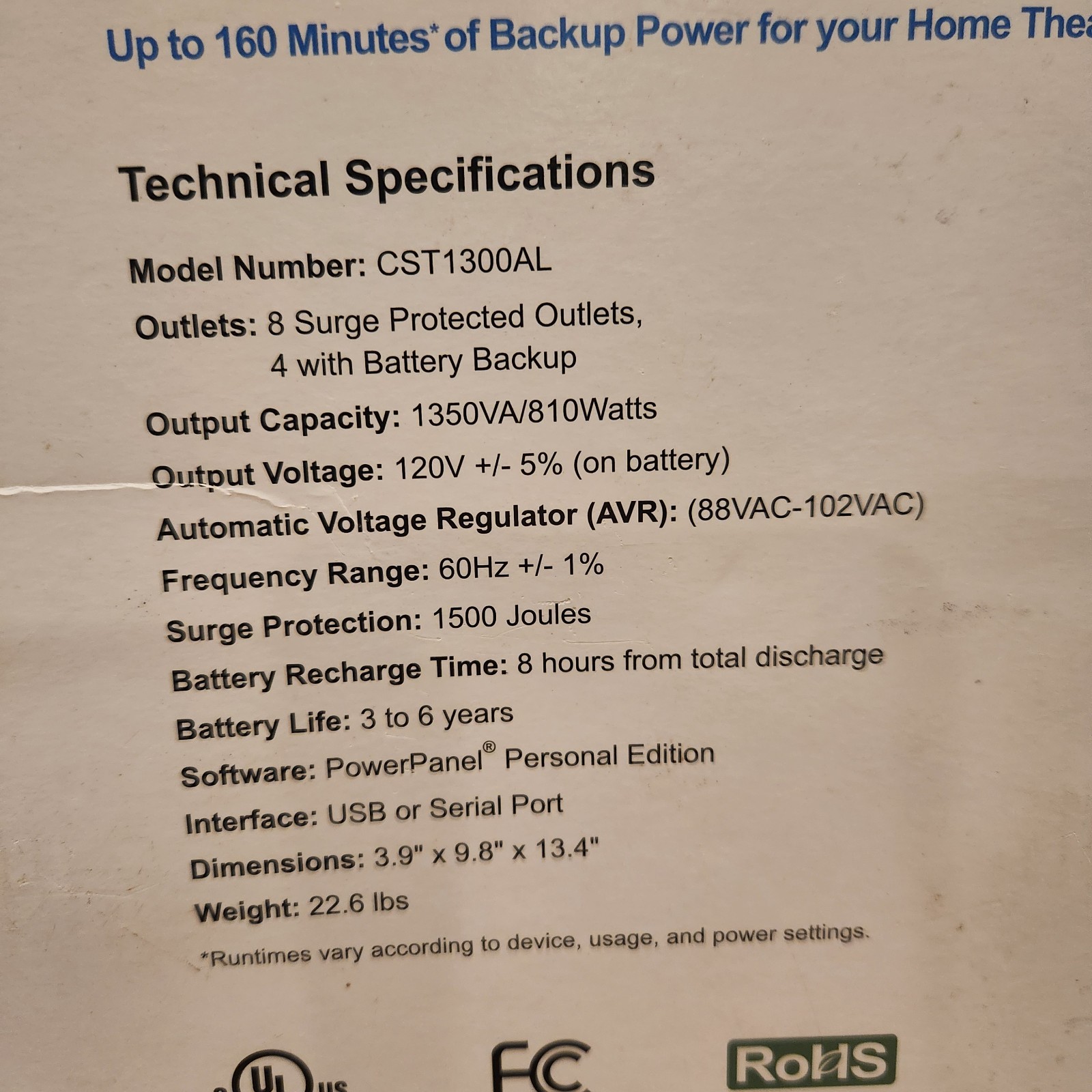 CyberPower CST1300AL Battery Backup Auto Voltage Regulation 1300VA 810W 120V