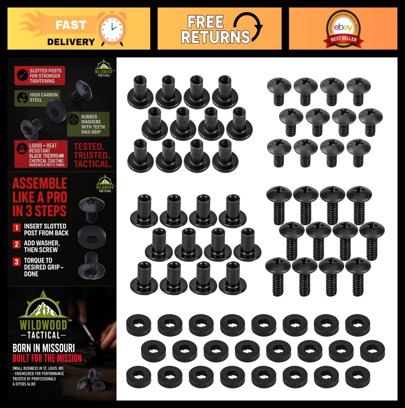 Assorted Black Chicago Screws Set – 72 Pieces for DIY Kydex, Leather Holsters &