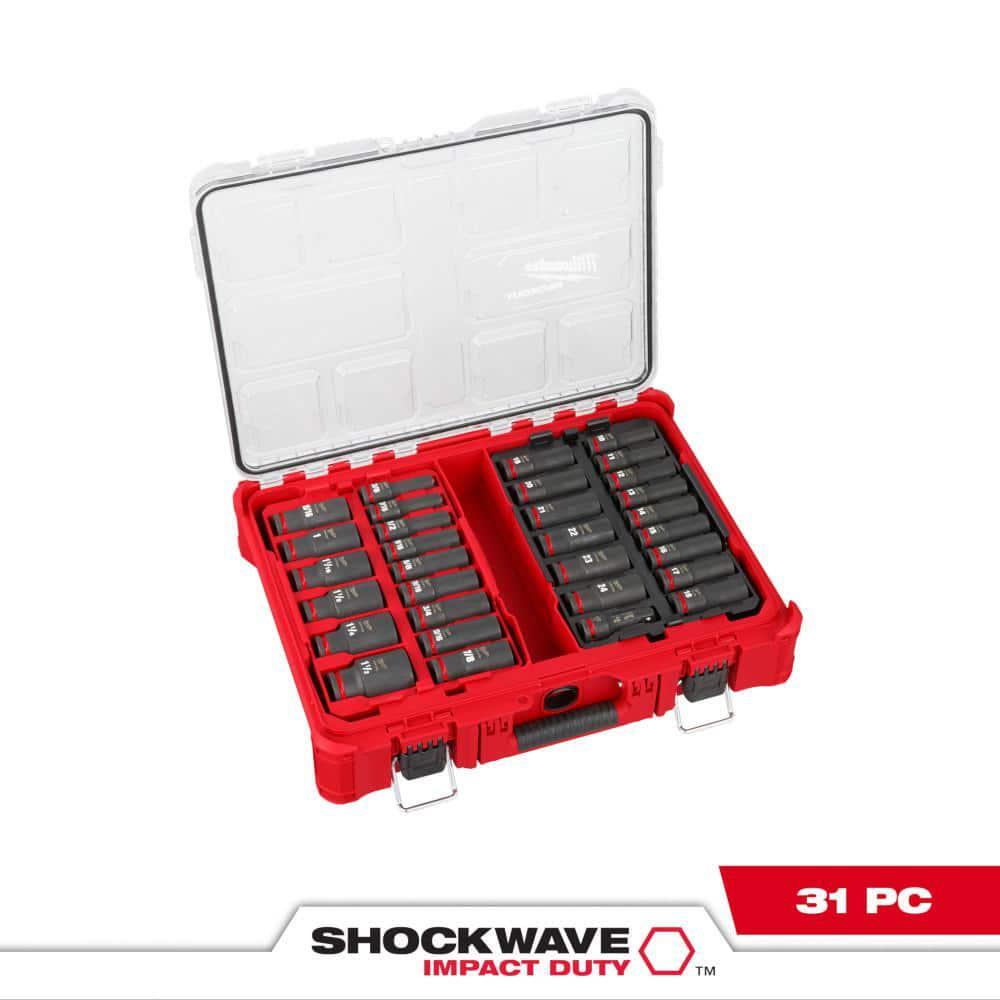SHOCKWAVE 1/2 In. Drive Metric & SAE Deep Well 6 Point Impact Socket Set 31Pcs