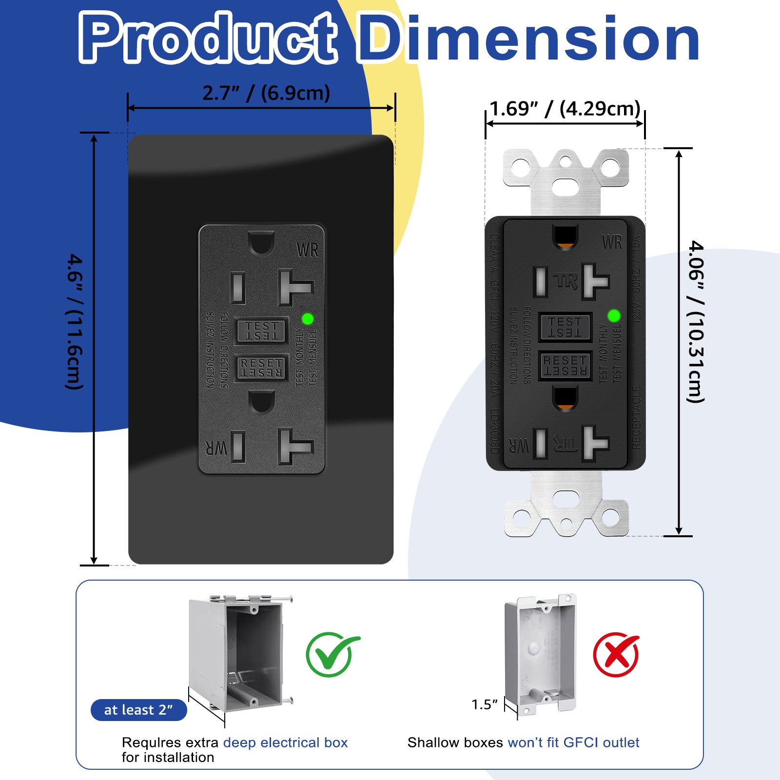 15 Amp GFI GFCI Outlet LED Indicator Tamper-Resistant Outside Receptacles Black
